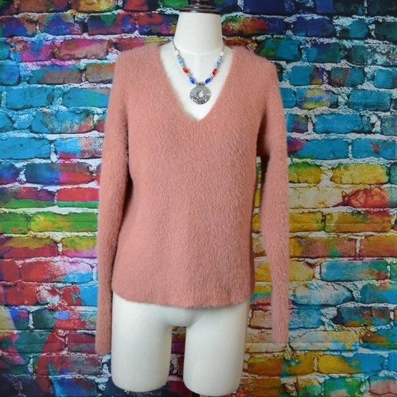 Forever 21 Pink Mauve Fuzzy V Neck Long Sleeve Ribbed Sweater Size M - Picture 5 of 7
